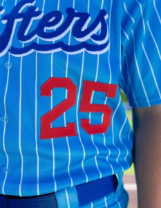 Close up of Richardson baseball jersey in blue and white stripe