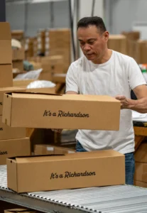 Richardson employee handling branded shipping boxes in the warehouse.